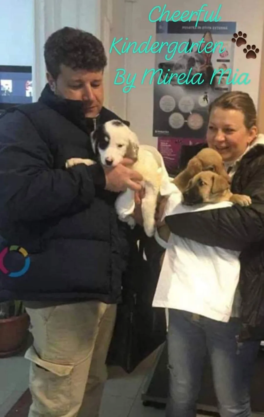 Mirela and Dragoș, each holding puppies in their arms.